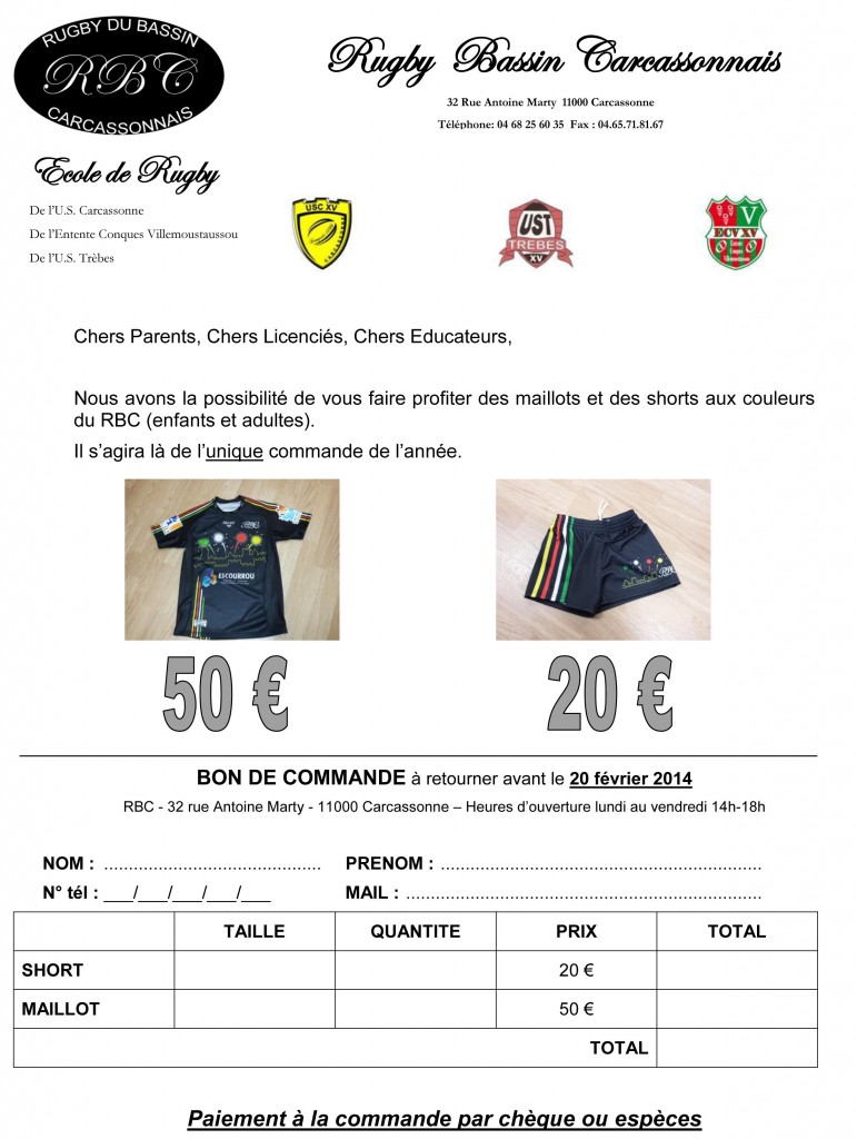 Commande maillots et shorts RBC 2014