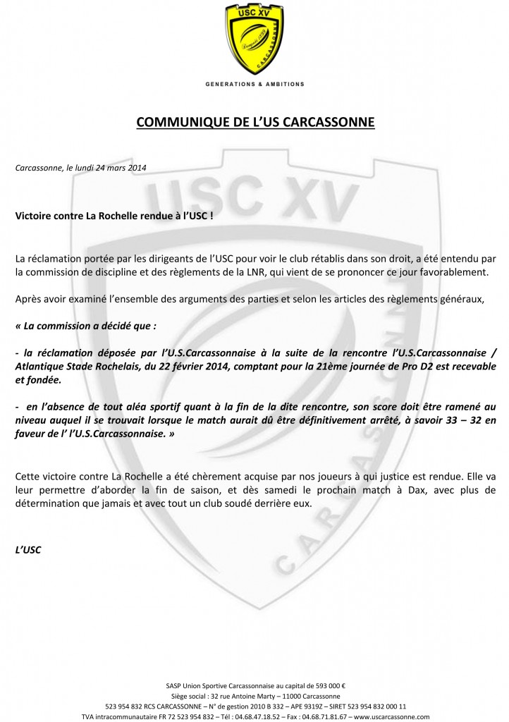 Communiqué USC - La victoire rendue à l'USC