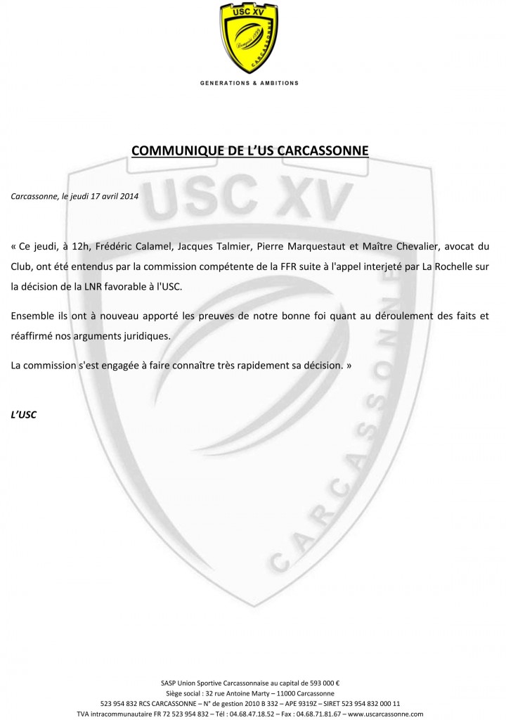 Communiqué de l'USC - Commission d’appel de la Fédération française de rugby