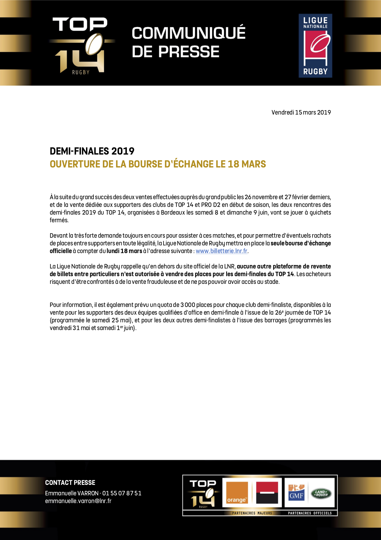 CP LNR - Demi-finales 2019 TOP 14 - Ouver ture de la bourse d'échange le 18 mars