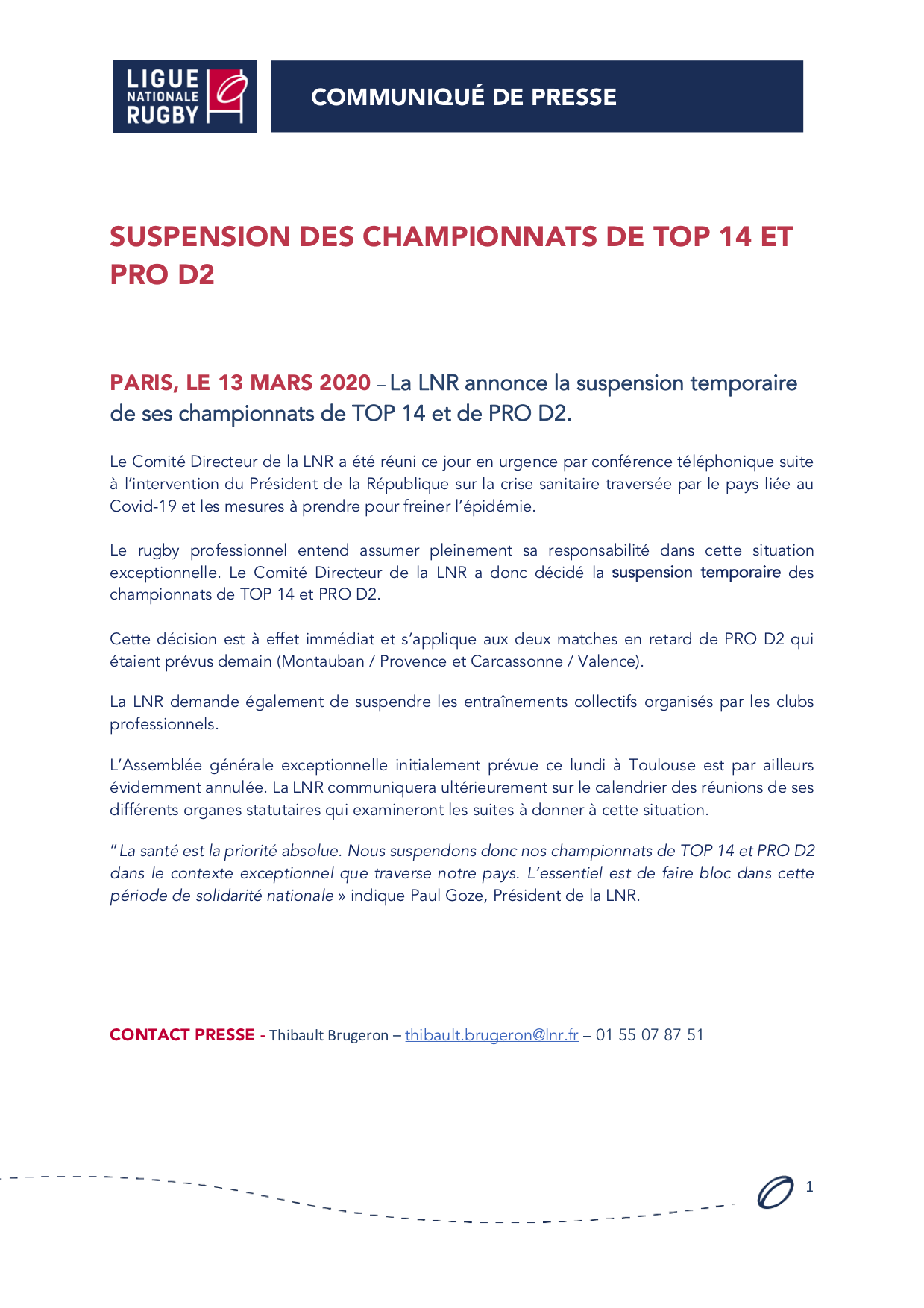Communiqué - Suspension des championnats TOP 14 & PRO D2